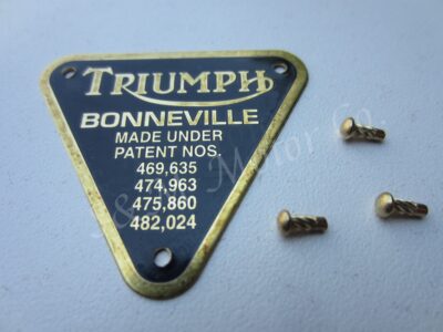 TRIUMPH 'BONNEVILLE' TIMING COVER PATENT PLATE BADGE BRASS