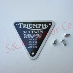 TRIUMPH ''350 TWIN' TIMING COVER PATENT PLATE BADGE ALLOY