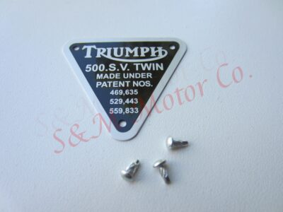 TRIUMPH '500 SV TWIN' TIMING COVER PATENT PLATE BADGE ALLOY