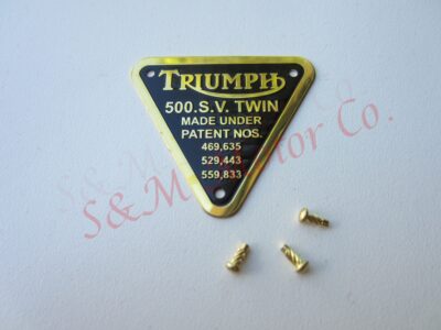 TRIUMPH ‘500 SV TWIN’ TIMING COVER PATENT PLATE BADGE BRASS