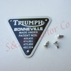 TRIUMPH ''BONEVILLE' TIMING COVER PATENT PLATE BADGE ALLOY