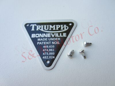 TRIUMPH ''BONEVILLE' TIMING COVER PATENT PLATE BADGE ALLOY