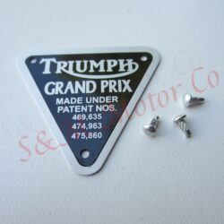 TRIUMPH ''GRAND RRIX' TIMING COVER PATENT PLATE BADGE ALLOY