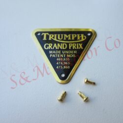 TRIUMPH ‘GRAND PRIX’ TIMING COVER PATENT PLATE BADGE BRASS