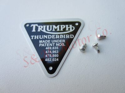 TRIUMPH ''THUNDERBRIRD' TIMING COVER PATENT PLATE BADGE ALLOY