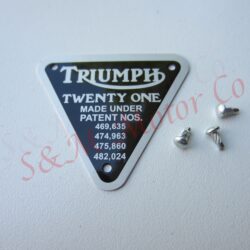 TRIUMPH 'TWENTY ONE' TIMING COVER PATENT PLATE BADGE ALLOY