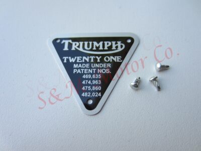 TRIUMPH 'TWENTY ONE' TIMING COVER PATENT PLATE BADGE ALLOY